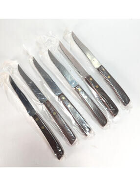 Set of 6 Capco 3195 Stainless Steel Steak Knife Rosewood Handle Brass Rivets NOS